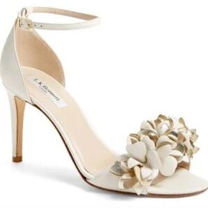 LK Bennett Ivory and Gold Floral Ankle-Strap Heel